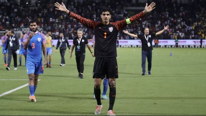 Pictures of Gurpreet during the World Cup qualifying match against Qatar