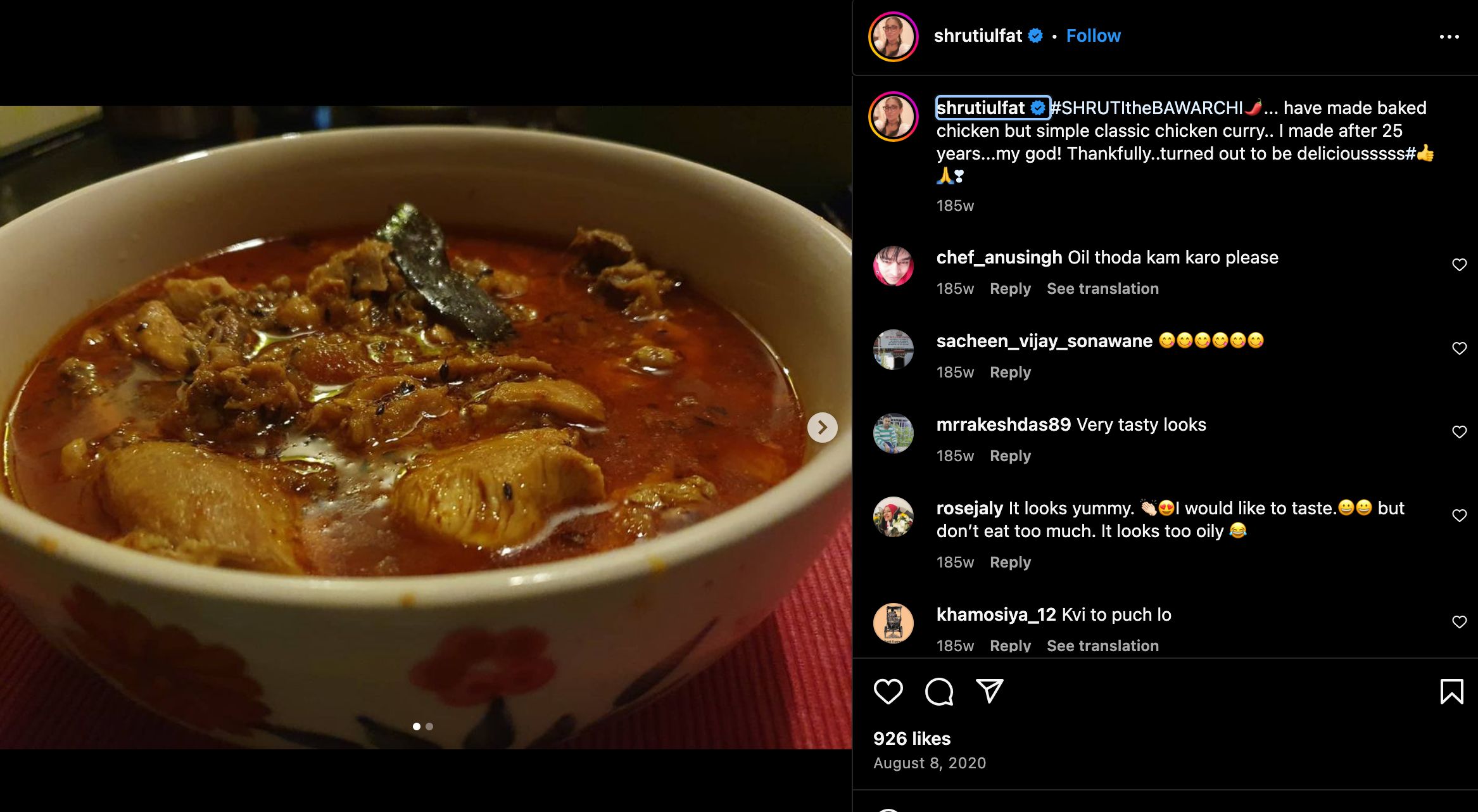 Shruti Panwar's Instagram post about the non-vegetarian dishes she cooked.