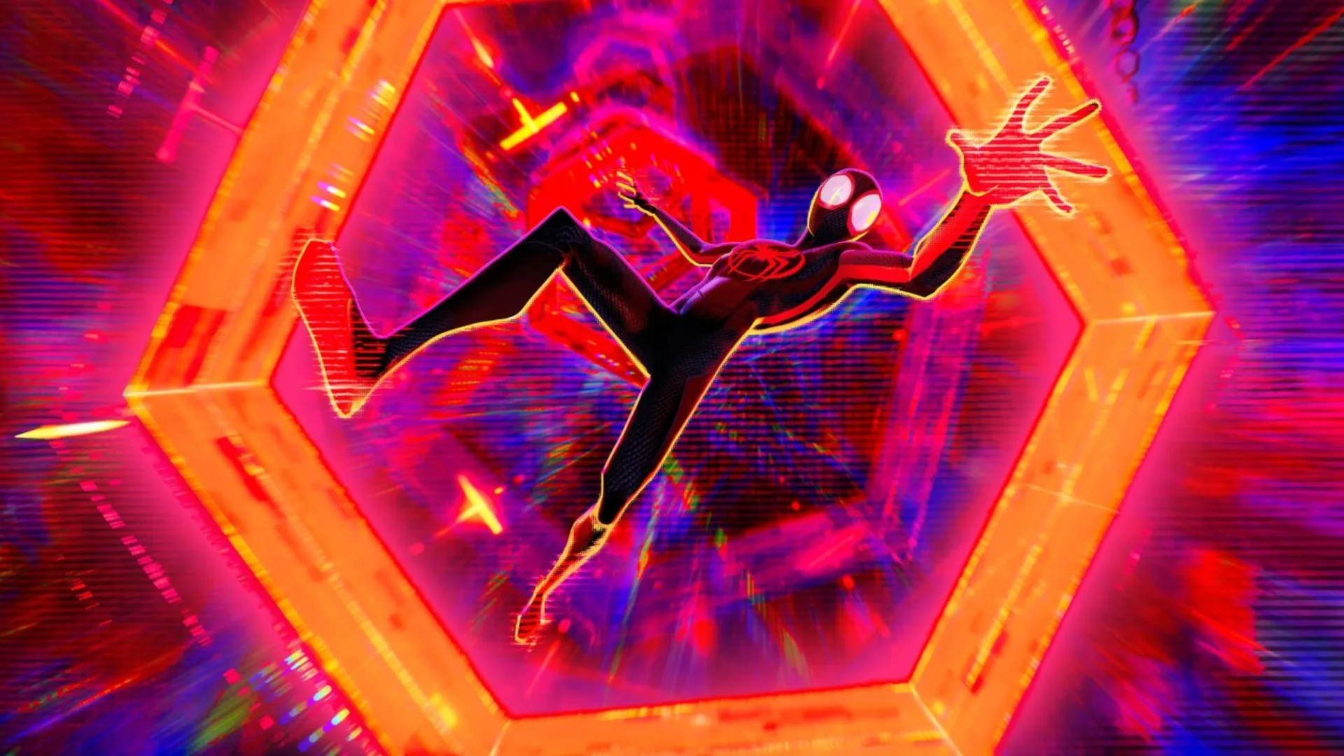 Miles Morales as Spider-Man follows the neon colors of the multiverse.