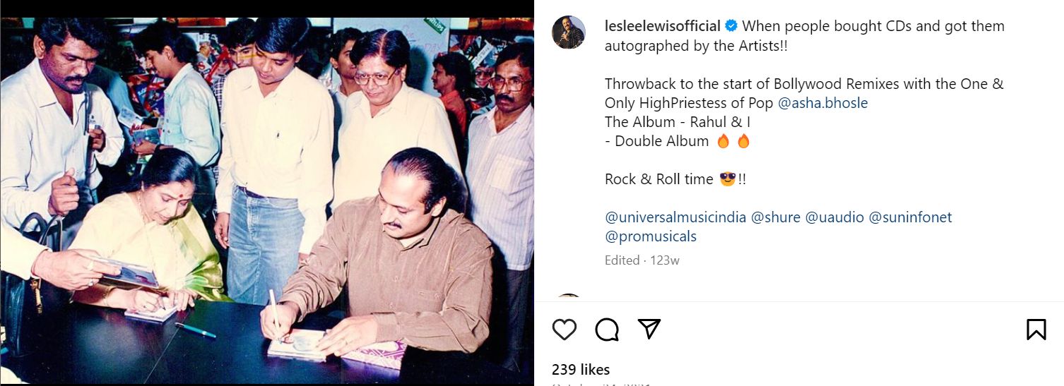 لیسلی لیوس کی انسٹاگرام پوسٹ راہول اور میں کے ریمکس کے آشا بھوسلے البم کی مقبولیت کے بارے میں