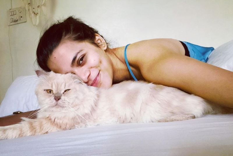 Srishti Shrivastava playing with her cat