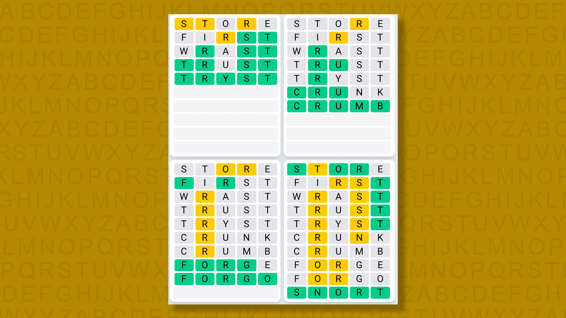Quordle Daily Sequence answers for game 1496 on a yellow background