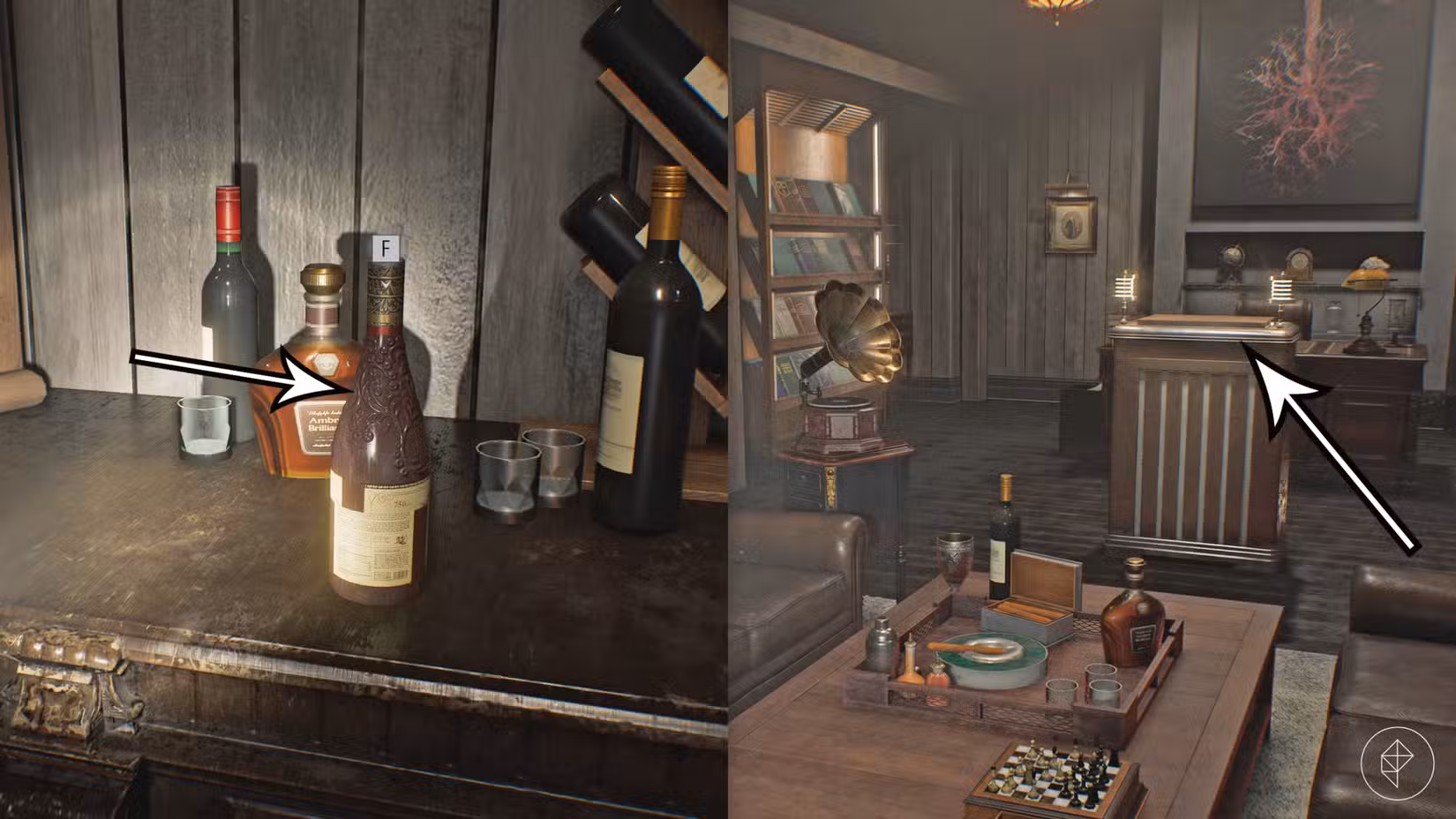 The arrows point to a puzzle mechanism and a wine bottle that is missing a piece needed to complete the puzzle in the courtyard shack in Resident Evil Requiem.