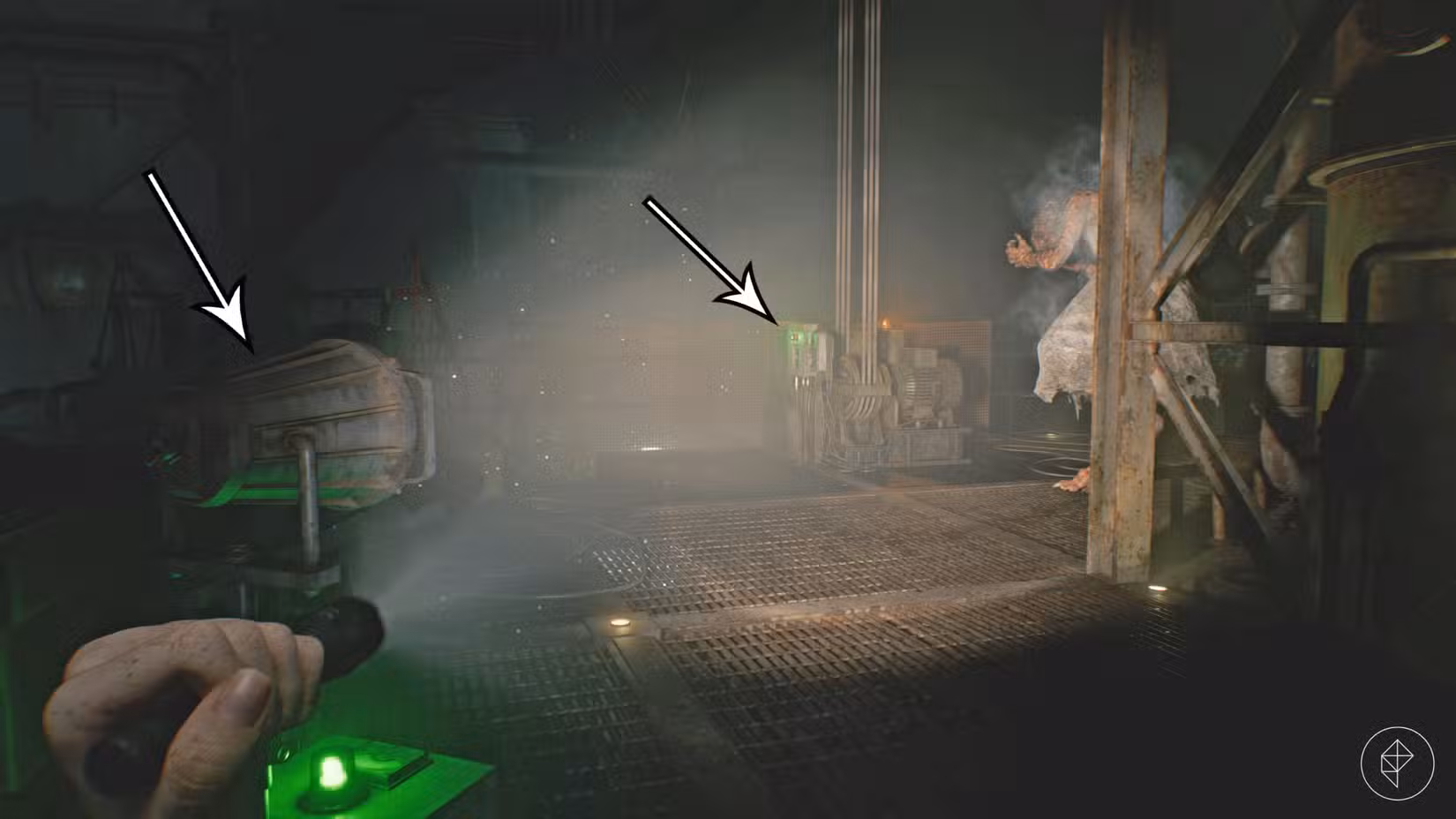 Grace burns The Girl with a lamp at the Water Treatment Plant in Resident Evil Requiem.