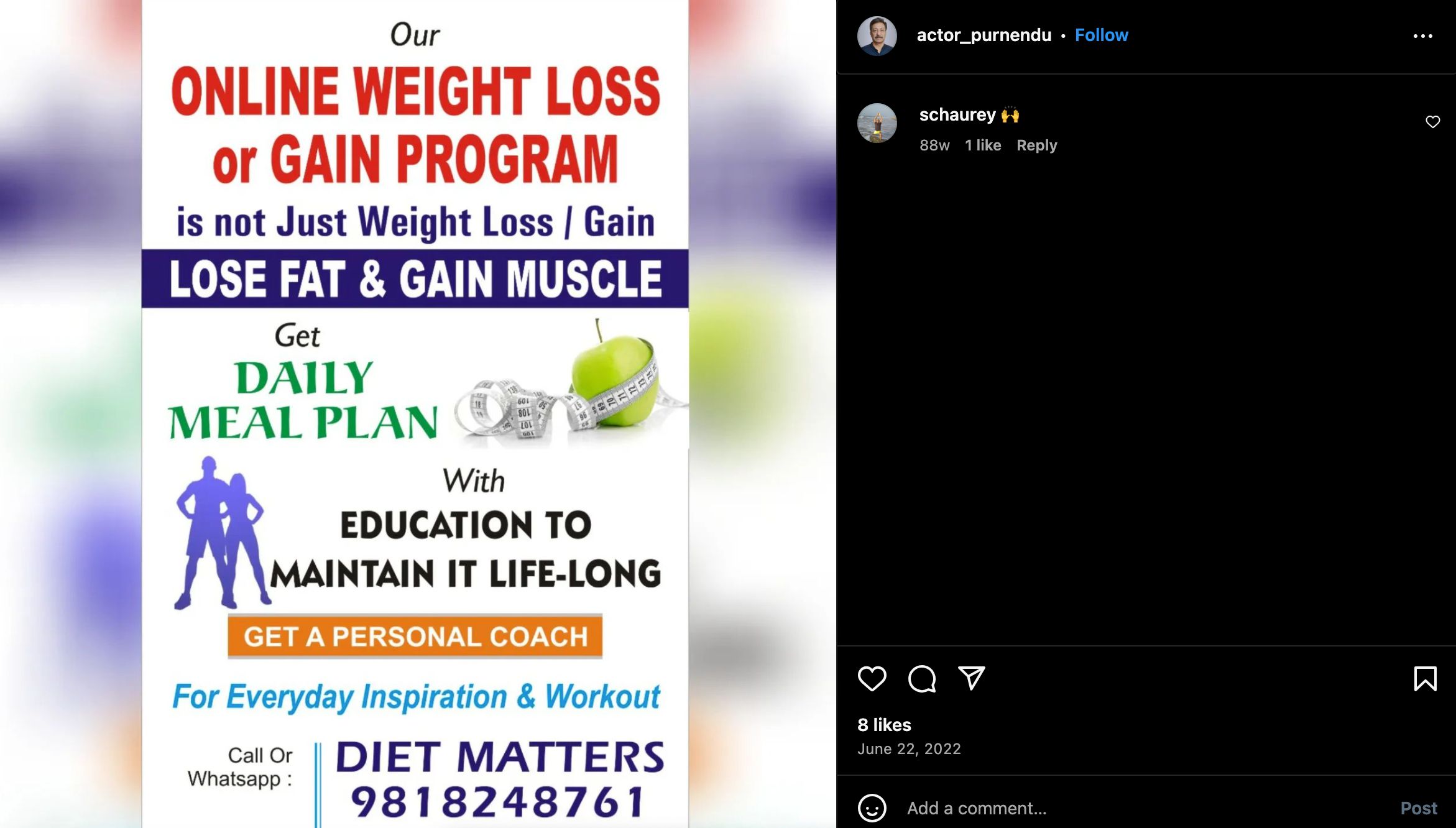 Purnendu Bhattacharya's Instagram post about his fitness program