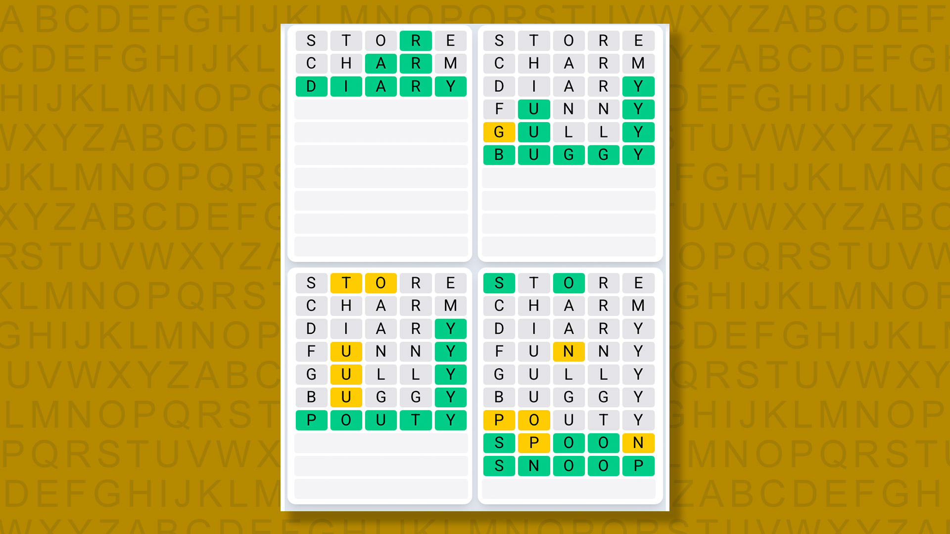 Quordle Daily Sequence answers for game 1497 on a yellow background