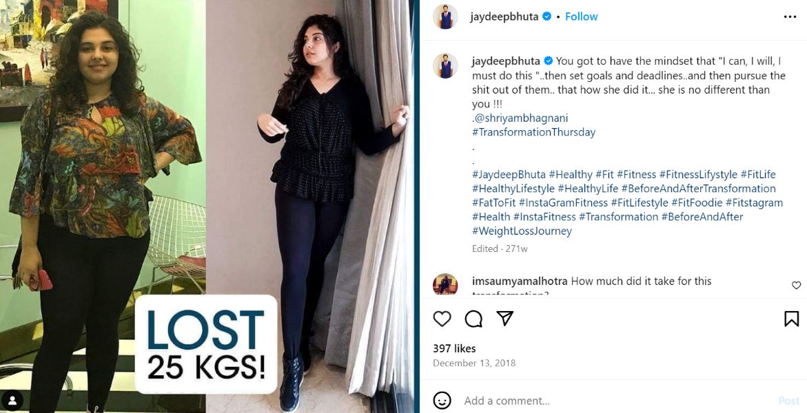 A post written by Shriyam Bhagnani's fitness trainer on Shriyam Bhagnani's weight loss in 2018