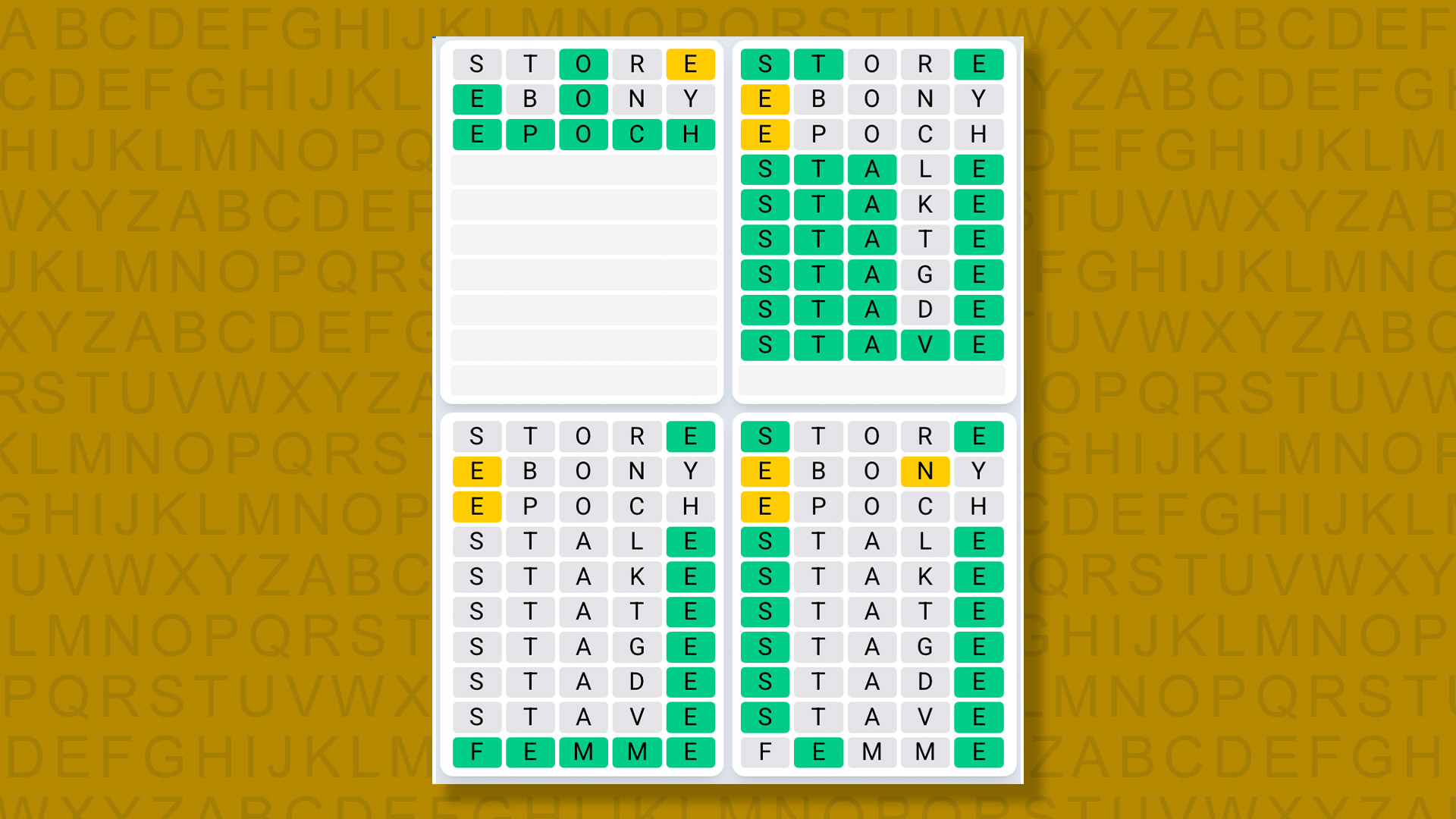 Quordle Daily Sequence answers for game 1498 on a yellow background