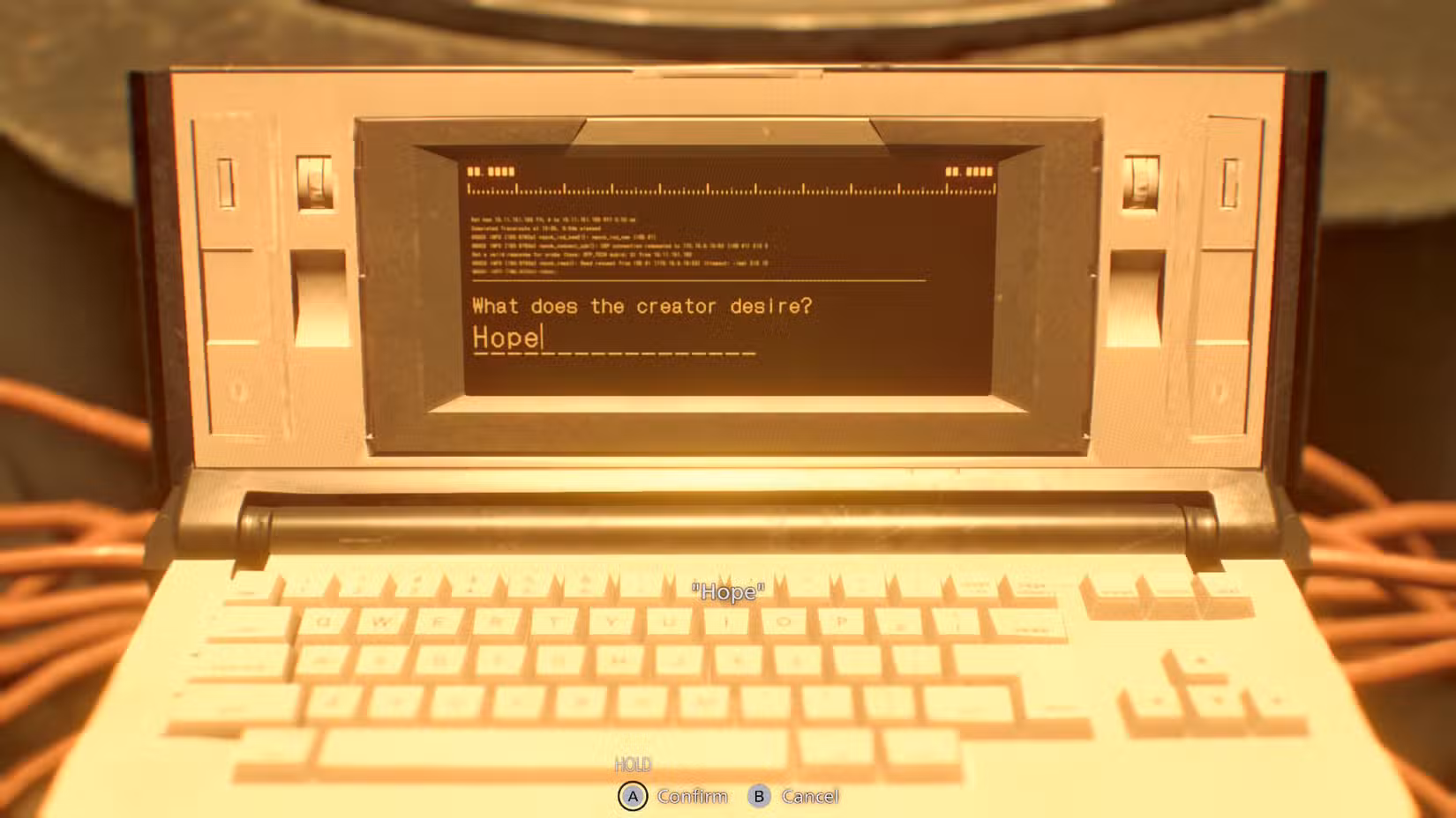 The Elpis terminal in Resident Evil Requiem, asking the user what the creator's wish is