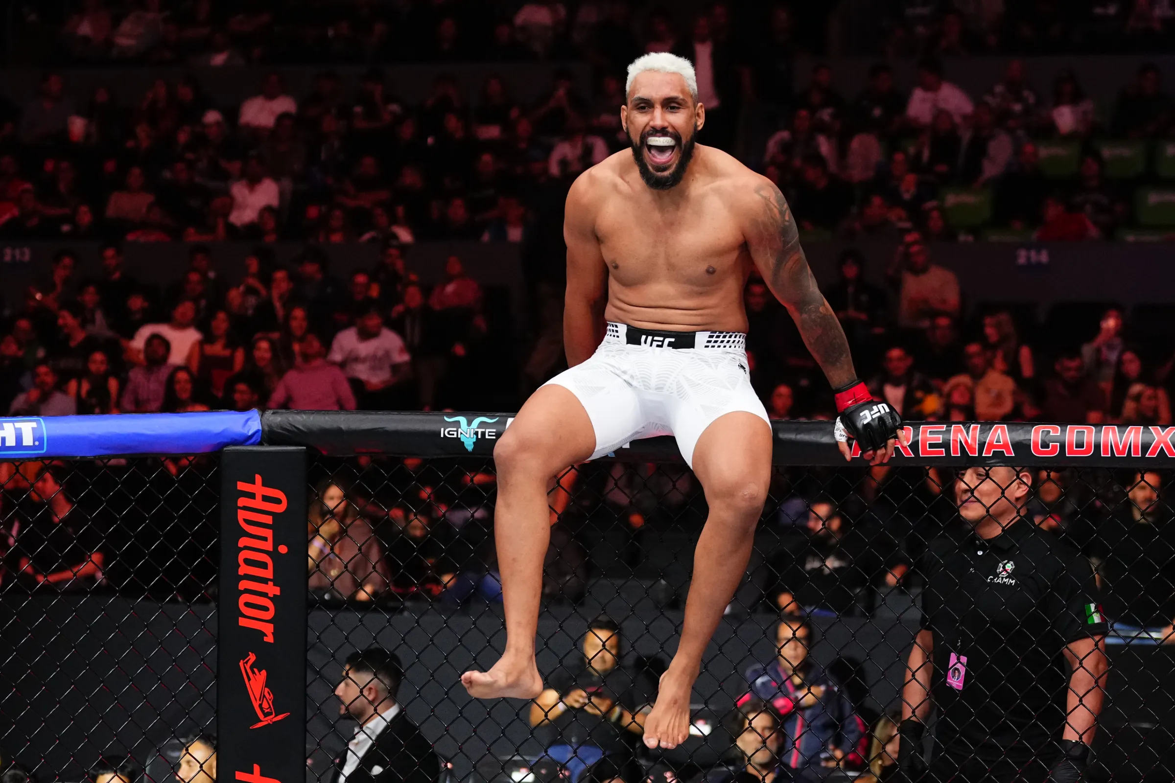 MEXICO CITY, MEXICO - FEBRUARY 28: Ryan Gandra of Brazil celebrates after his victory over Jose Daniel Medina of Bolivia in their middleweight bout at UFC Fight Night at Arena CDMX in Mexico City, Mexico on February 28, 2026. (Photo: Jeff Bottari/Zuffa LLC)