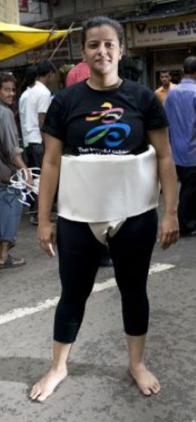 Hetal Dave wearing a traditional sumo wrestling mawashi