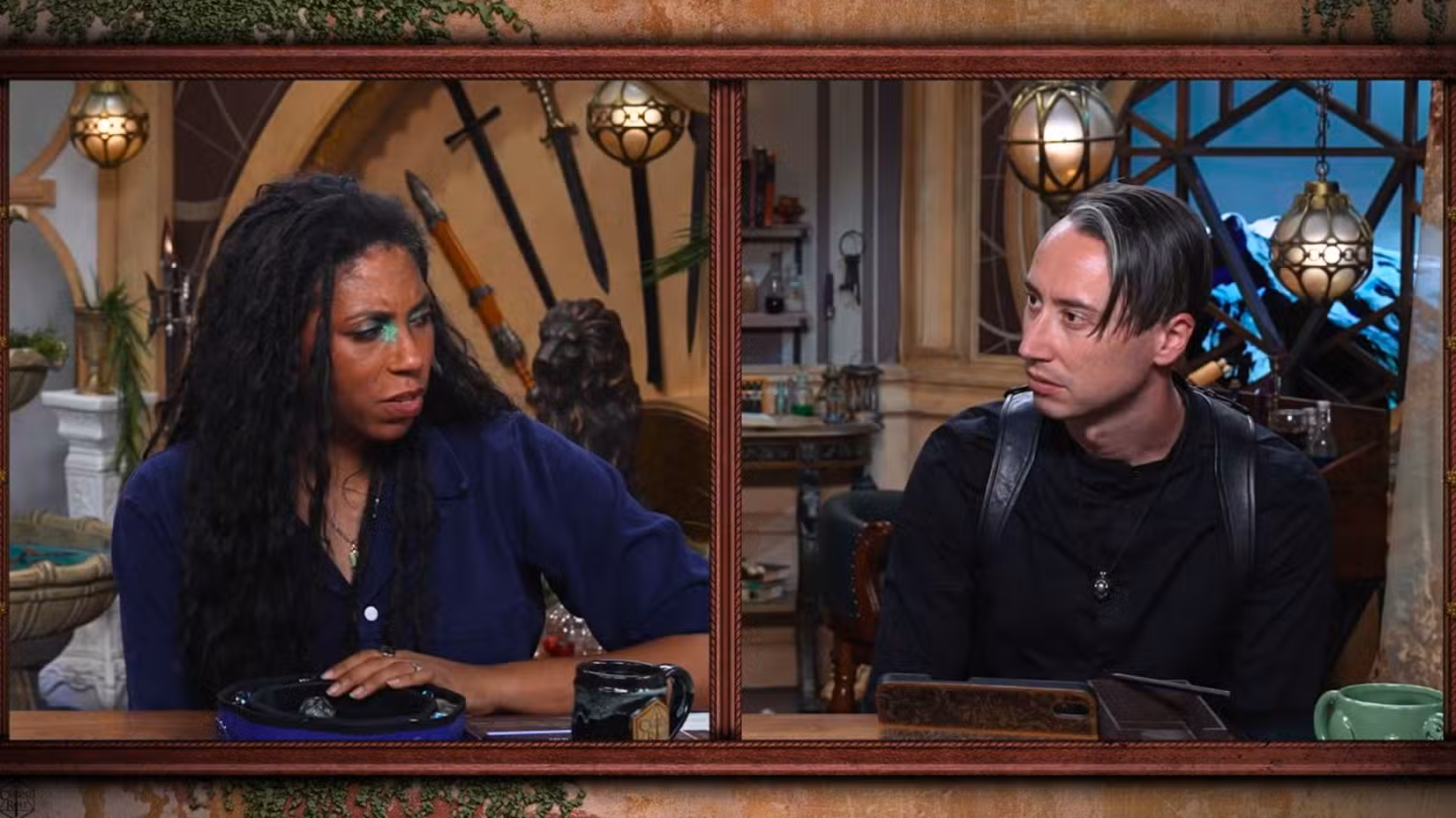An image from campaign 4 of episode 11 of Critical Role. It features Aabria Iyengar and Alexander Ward in a fantasy context.