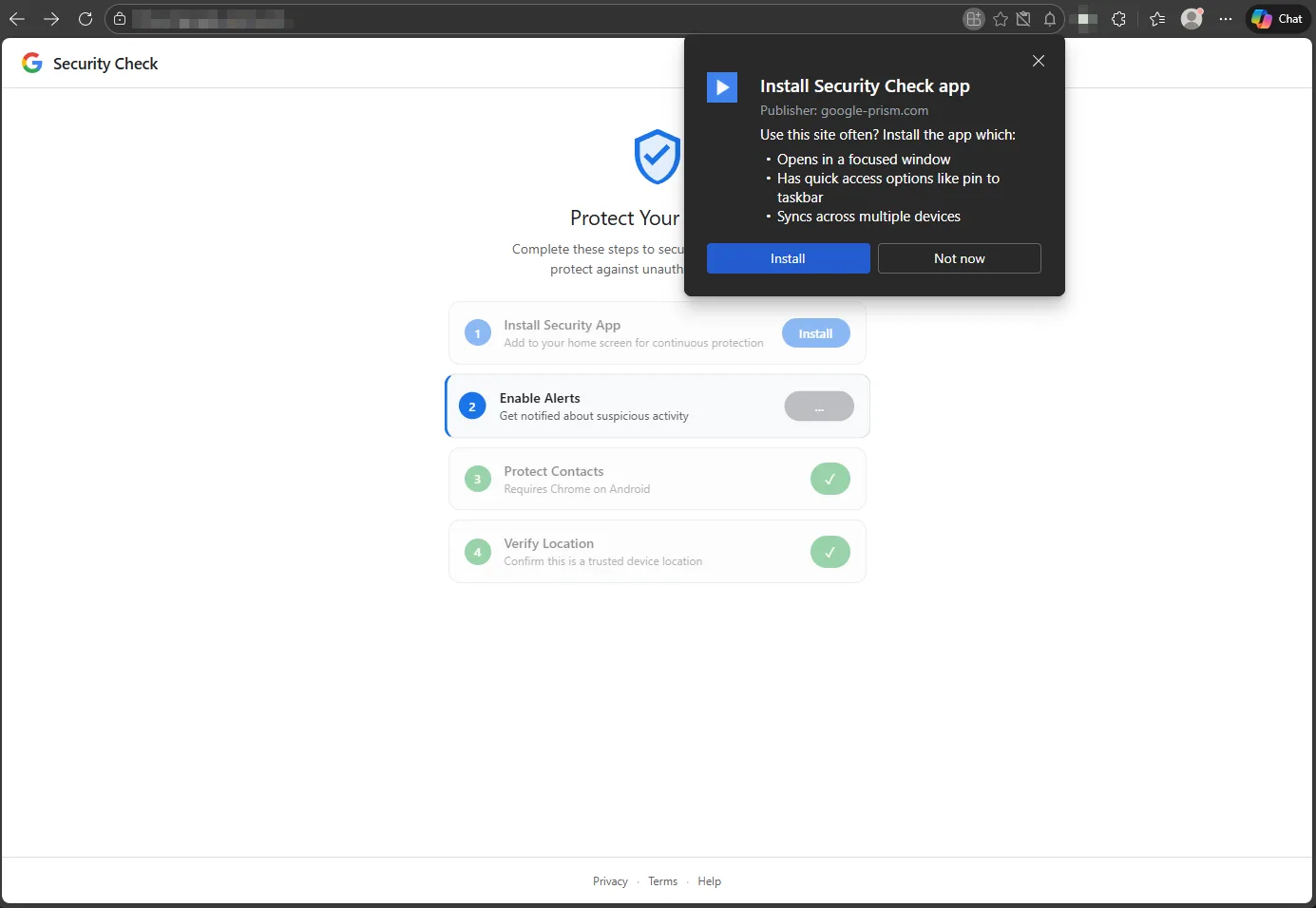 Malicious Google Security Page