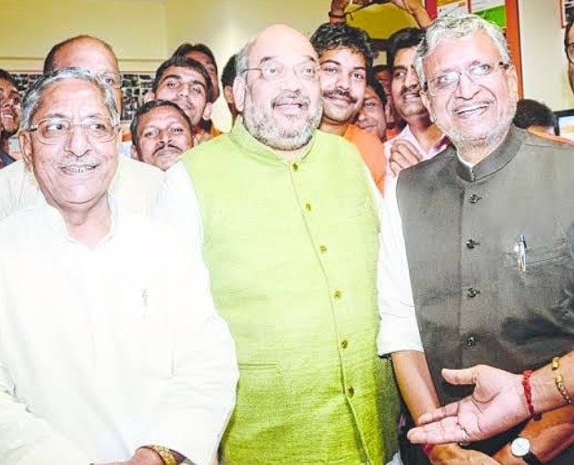 Nand Kishore Yadav, Amit Shah and Sushil Modi (left to right) during Bihar assembly elections.