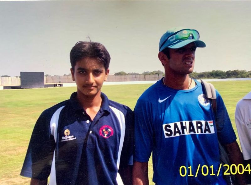 A photo of Harshal Patel with Rahul Dravid during Harshal's junior cricket days in 2004.