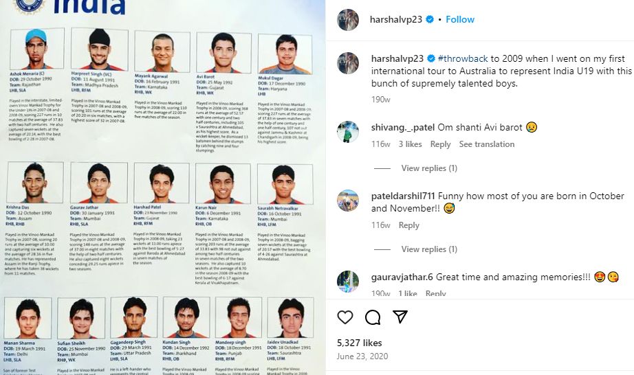 Harshal Patel's Instagram post after being selected for India U19 team in 2009
