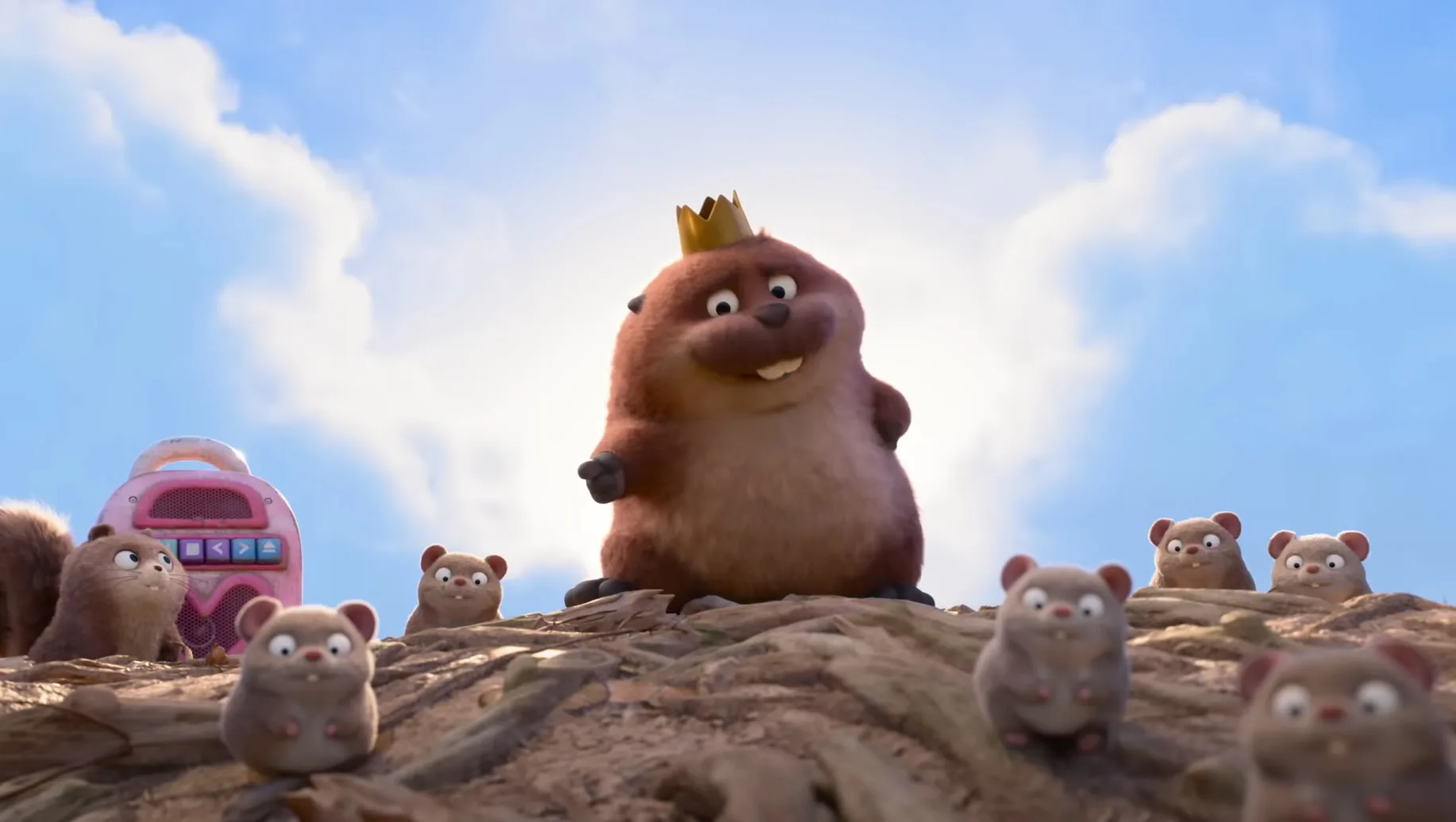King George is surrounded by animals and pointing in the Pixar film Hoppers.