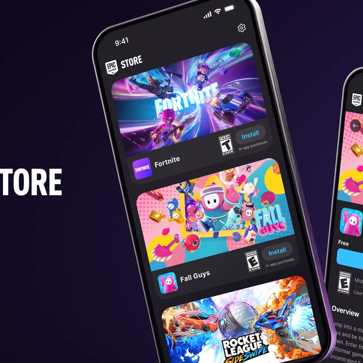 How to Download Fortnite on Your Android Phone or Tablet 4 Two phones showing the Epic Games Store, where you can download Fortnite, Fall Guys, and Rocket League.
