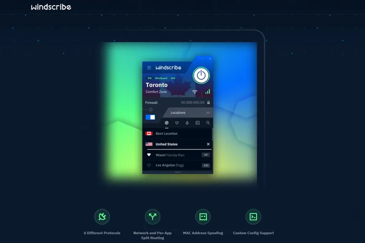The Windscribe logo appears on a dark blue background.