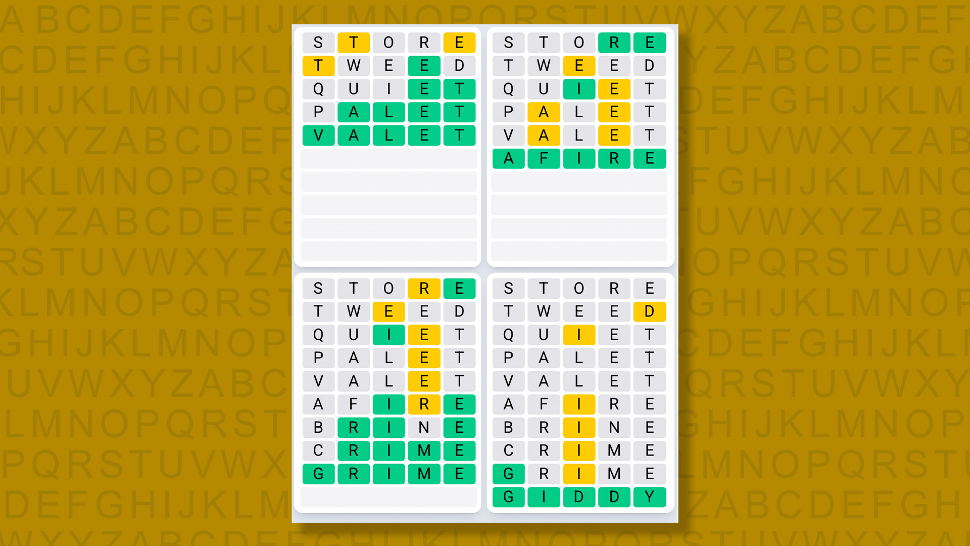 Quordle Daily Sequence answers for game 1506 on a yellow background