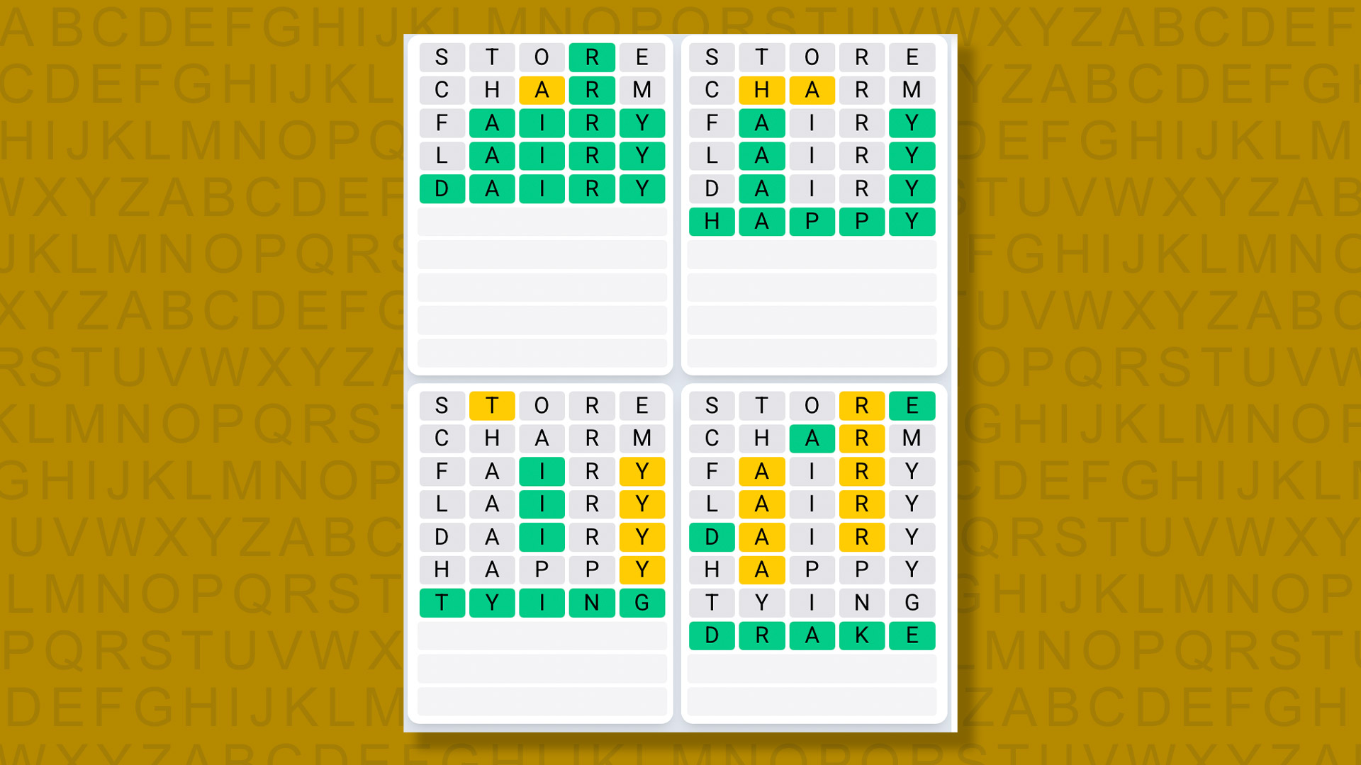 Quordle Daily Sequence answers for game 1508 on a yellow background