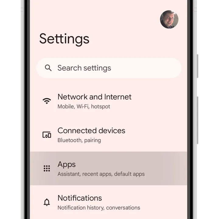 How to install Android apps from outside the Play Store 3 Android 14 settings with Apps menu highlighted.