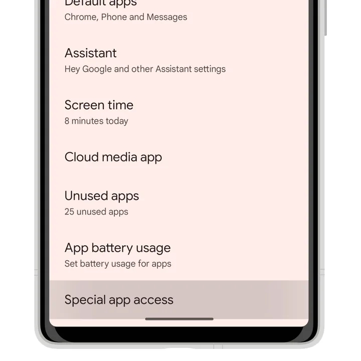How to install Android apps from outside the Play Store 4 Android 14 app settings with special app access menu item highlighted.