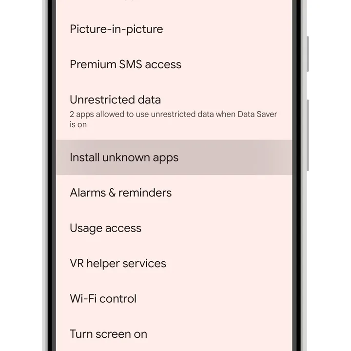 How to install Android apps from outside the Play Store 5 Android 14 app settings with the Install Unknown App menu item highlighted.