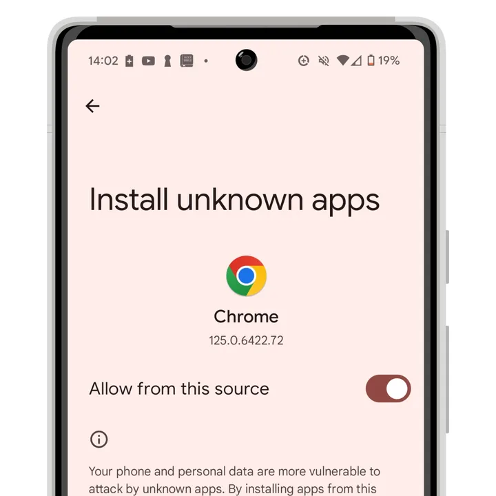 How to install Android apps from outside the Play Store 7 Unknown app installation settings for Android 14 Google Chrome.