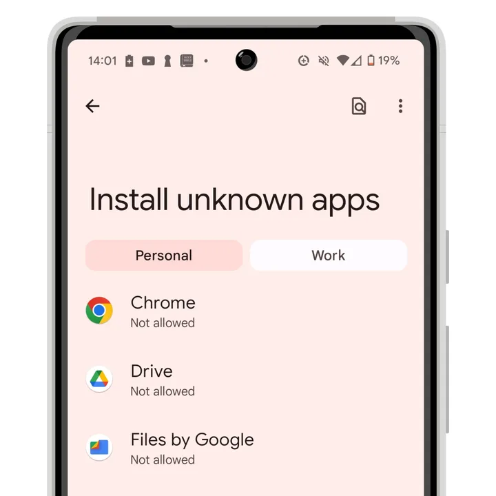 How to install Android apps from outside the Play Store 6 Android 14 unknown app installation screen listing Chrome, Drive, and Files by Google.