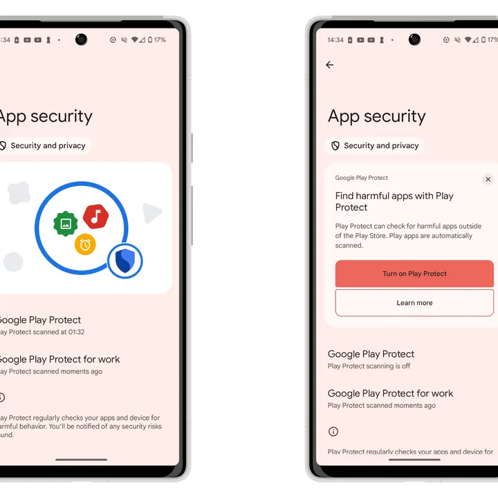 How to install Android apps from outside the Play Store 8 Two Pixel phones showing app security settings in Play Protect