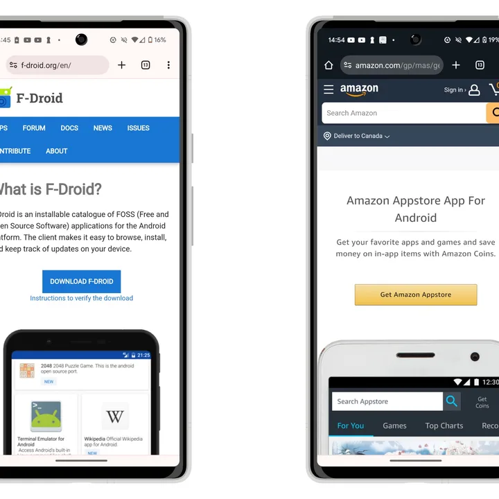How to install Android apps from outside the Play Store 9 Two Pixel phones showing homepages of F-Droid and Amazon App Store