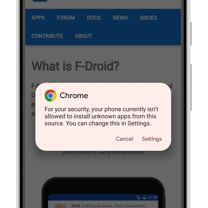 How to install Android apps from outside the Play Store 13 Android 14 Chrome browser displays a security message directing users to the Settings app to allow installation of unknown apps.