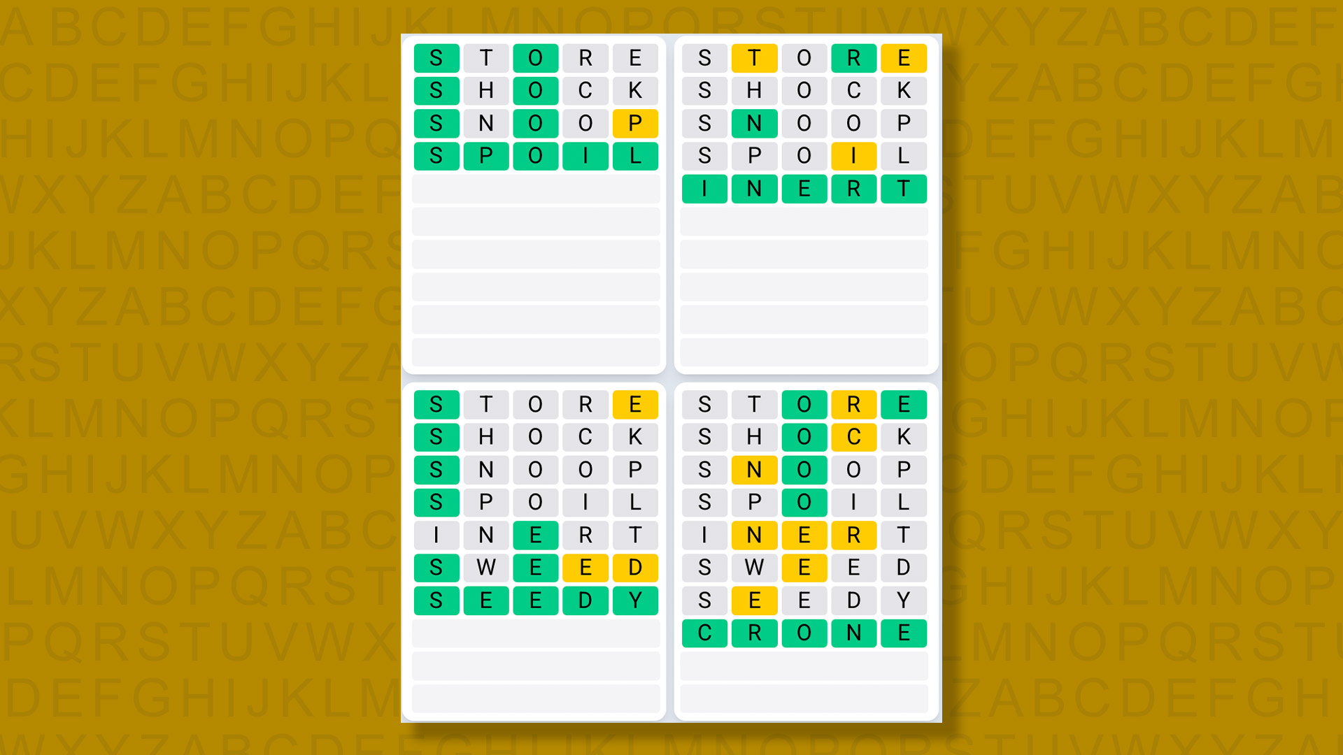 Quordle Daily Sequence answers for game 1510 on a yellow background