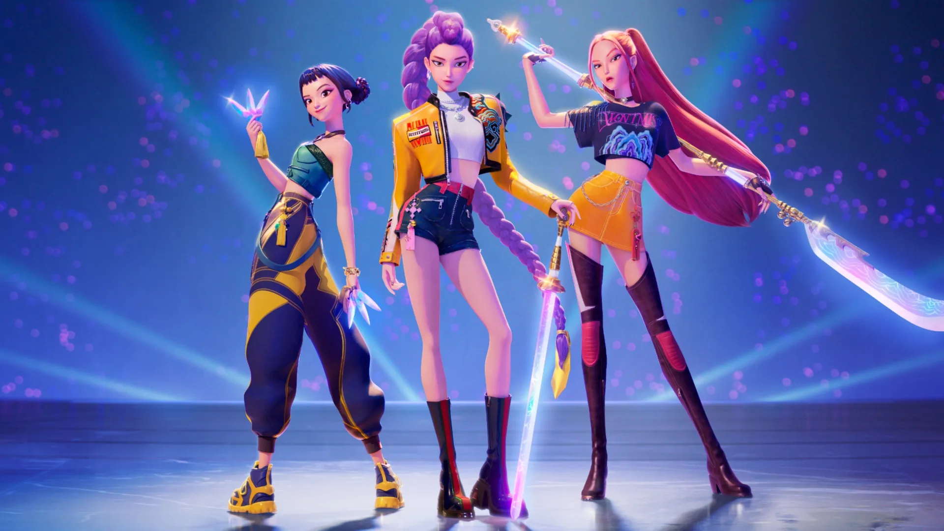 In KPop Demon Hunters, Joy, Rumi, and Mira pose with shiny weapons.