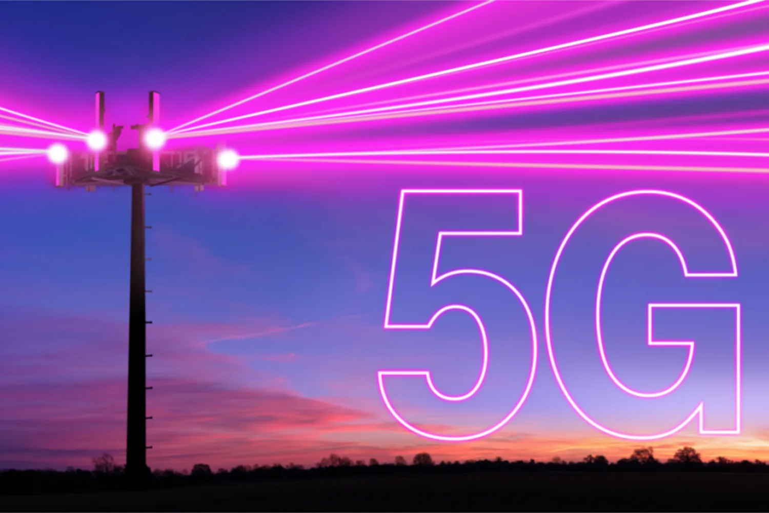 5G vs. LTE: What's the Difference and Why Should You Care? 1 A cell phone tower shooting out pink rays with a 5G logo next to it.