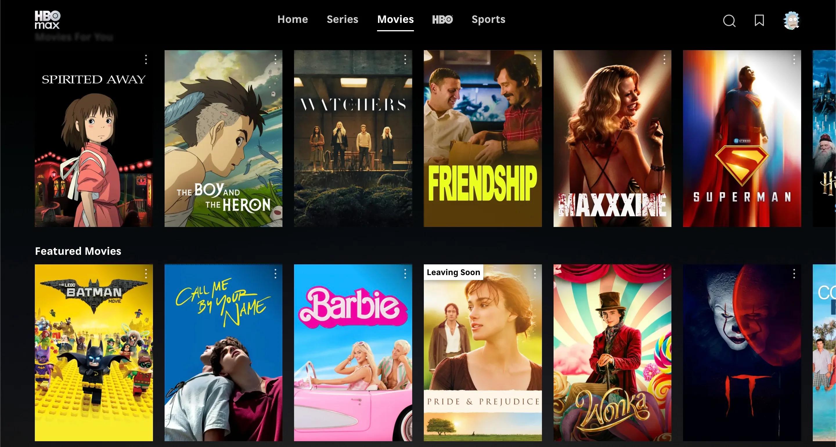 Screenshot of the HBO Max movie page.