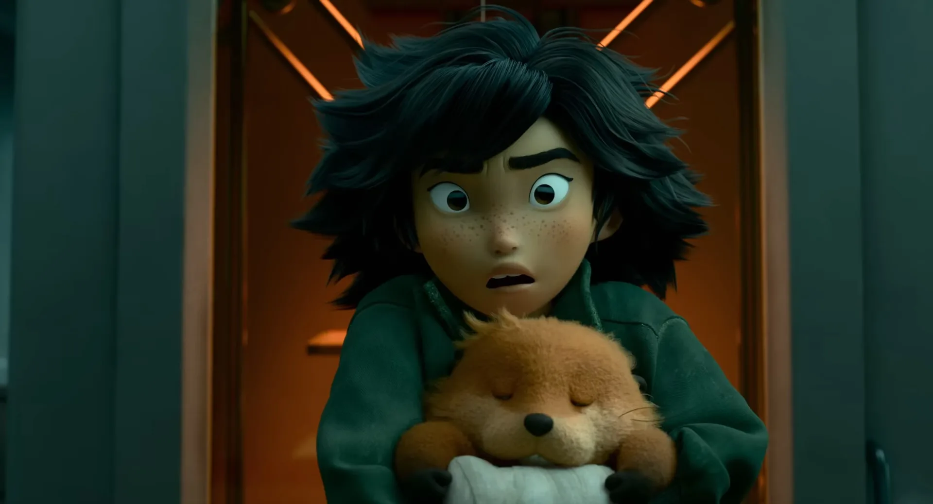 Mabel holding a robot beaver from the Pixar film Hoppers.