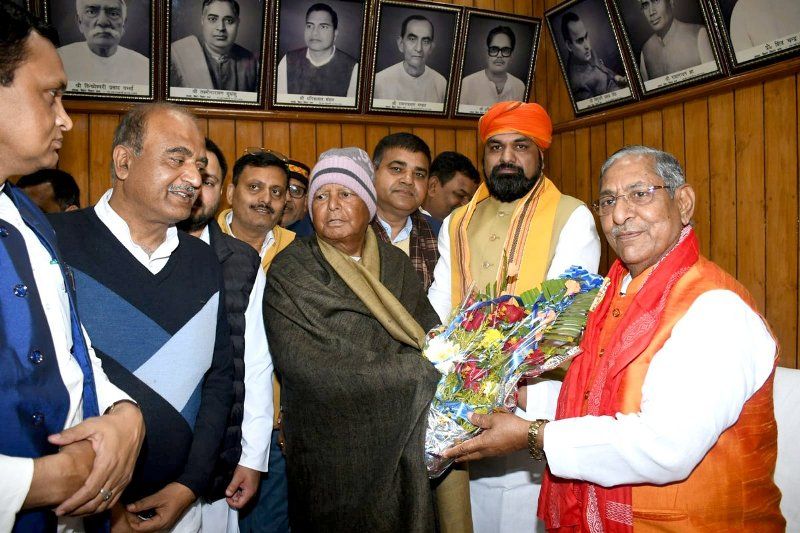 Nand Kishore Yadav (far right) with Samrat Chaudhary and Lalu Yadav after becoming Speaker of Bihar Legislative Assembly.