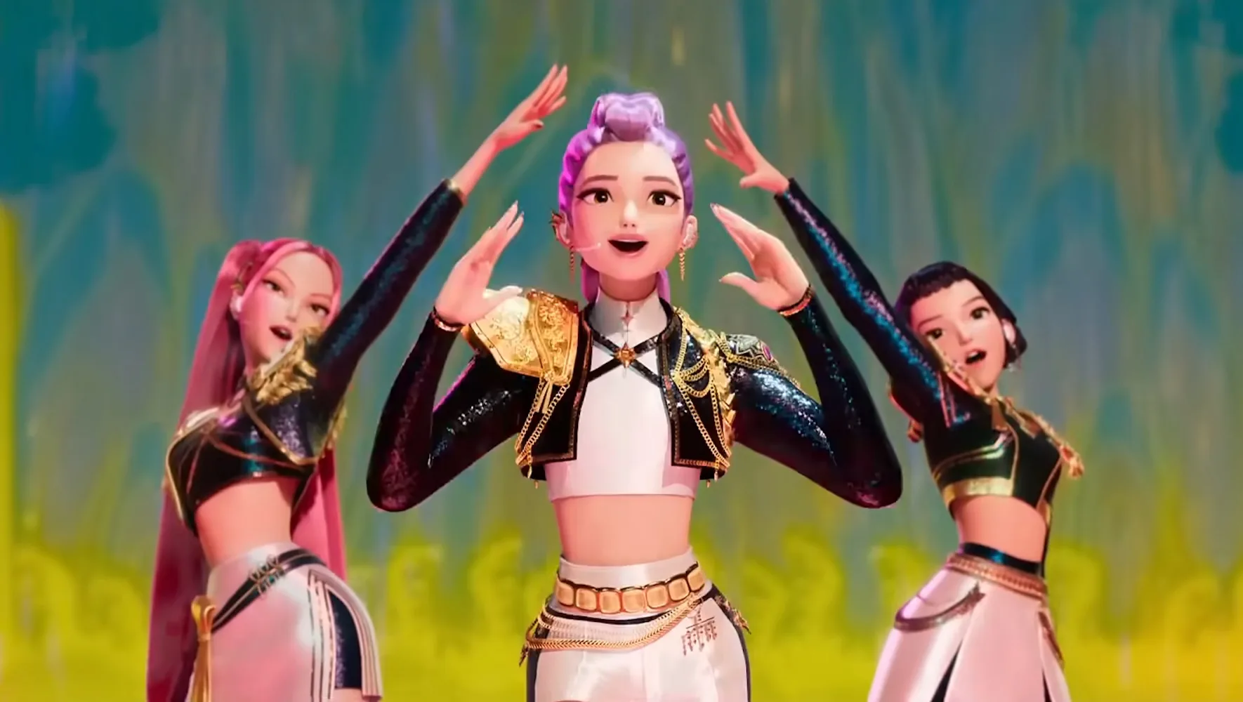 Huntress members singing in K-pop Demon Hunters.