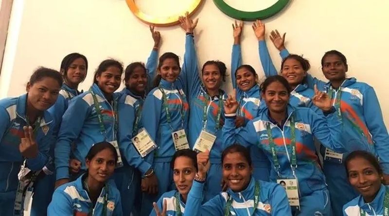 Nikki Pradhan (seated right corner) with the Indian women's hockey team at the Rio 2016 Olympic Games.