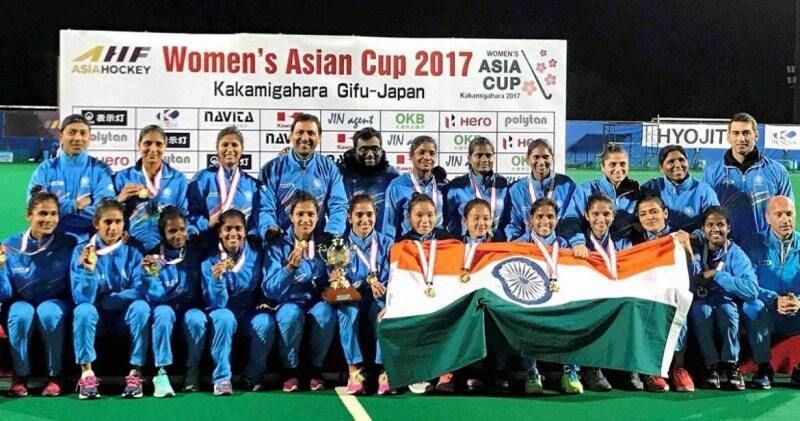 Nikki Pradhan (bottom row, third from left) with her teammates after winning the 2017 Women's Hockey Asia Cup.