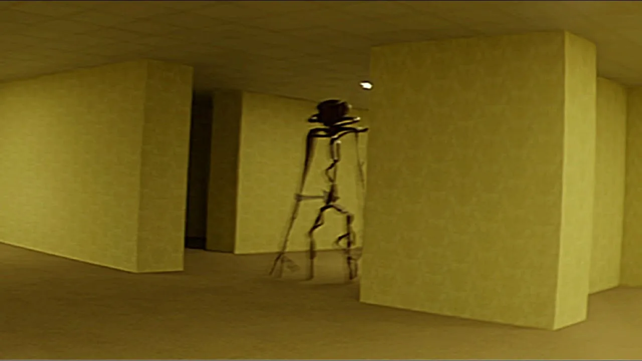 Strange figures in the yellow hallway from the short film The Backrooms
