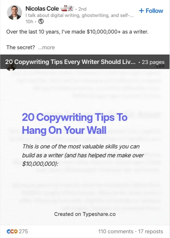 Linkedin پر اپنی پوسٹس کو کیسے پروموٹ کریں۔ 5 نکولس کول لنکڈ ان پوسٹ کی مثال طاقتور ہکس کا استعمال کرتے ہوئے