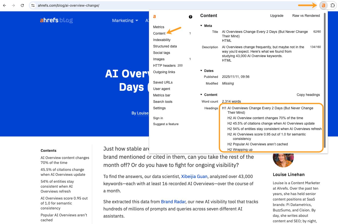 اوورلے کے ساتھ ایک ویب صفحہ کا اسکرین شاٹ جو مواد کے میٹرکس دکھاتا ہے۔ سیکشن کا عنوان ہے 