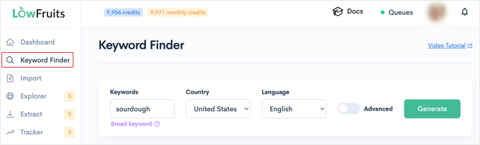 LowFruits کے مطلوبہ الفاظ تلاش کرنے والے ٹول میں اپنے بیج کے مطلوبہ الفاظ درج کریں۔