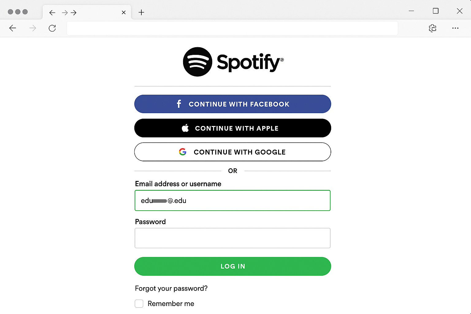 .edu ای میل فیلڈ کے ساتھ Spotify اکاؤنٹ بنانے کا فارم نمایاں کیا گیا ہے۔