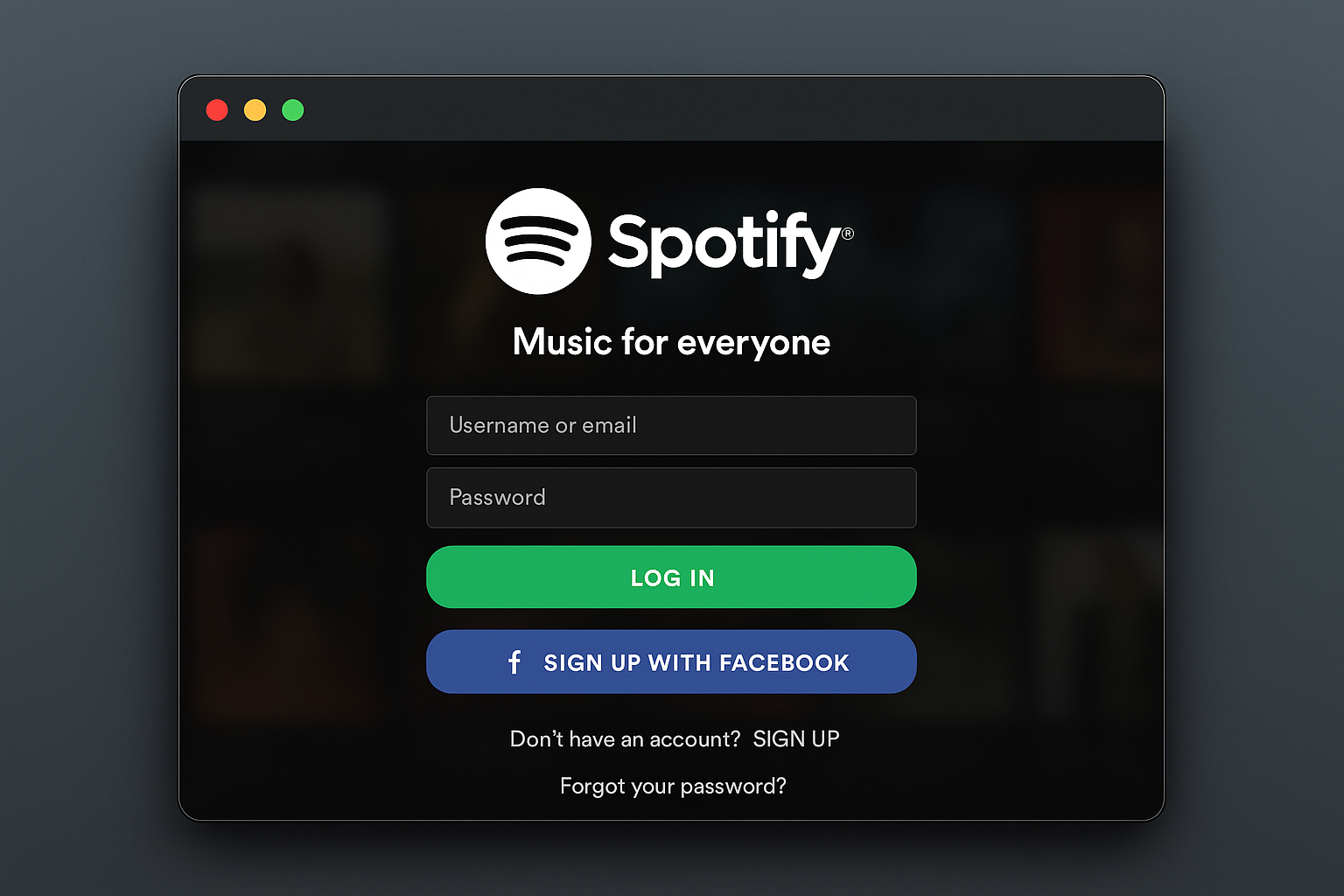macOS پر Spotify ڈیسک ٹاپ ایپ لاگ ان اسکرین