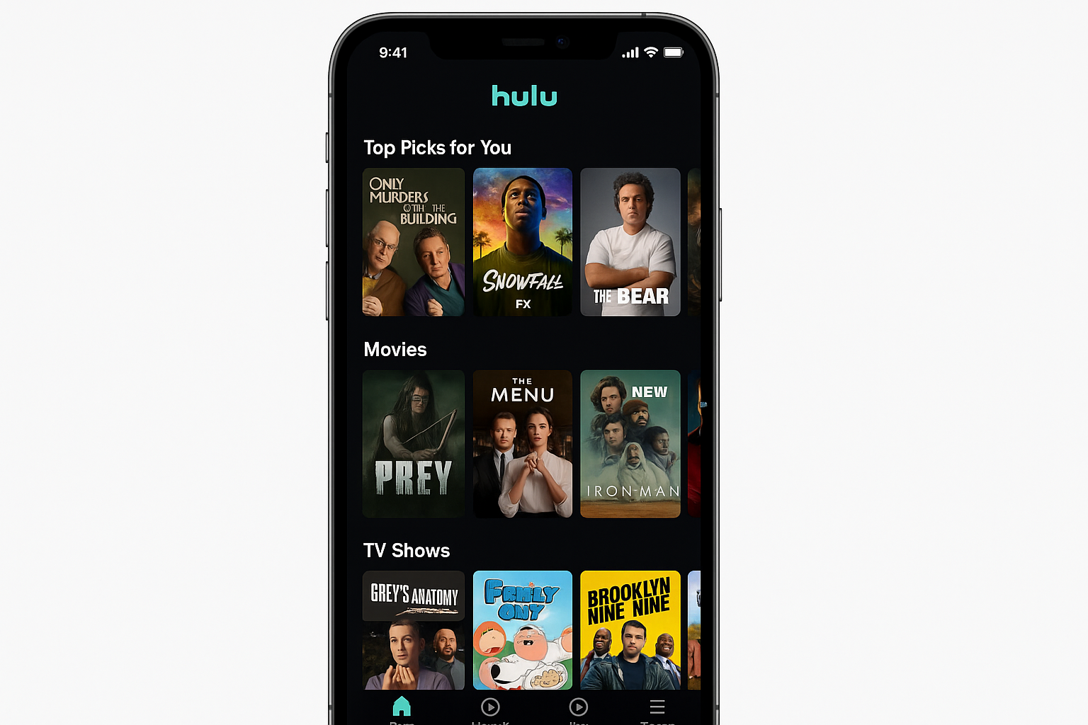 Hulu iOS ایپ کی ہوم اسکرین مکمل مواد کی لائبریری تک رسائی دکھا رہی ہے۔