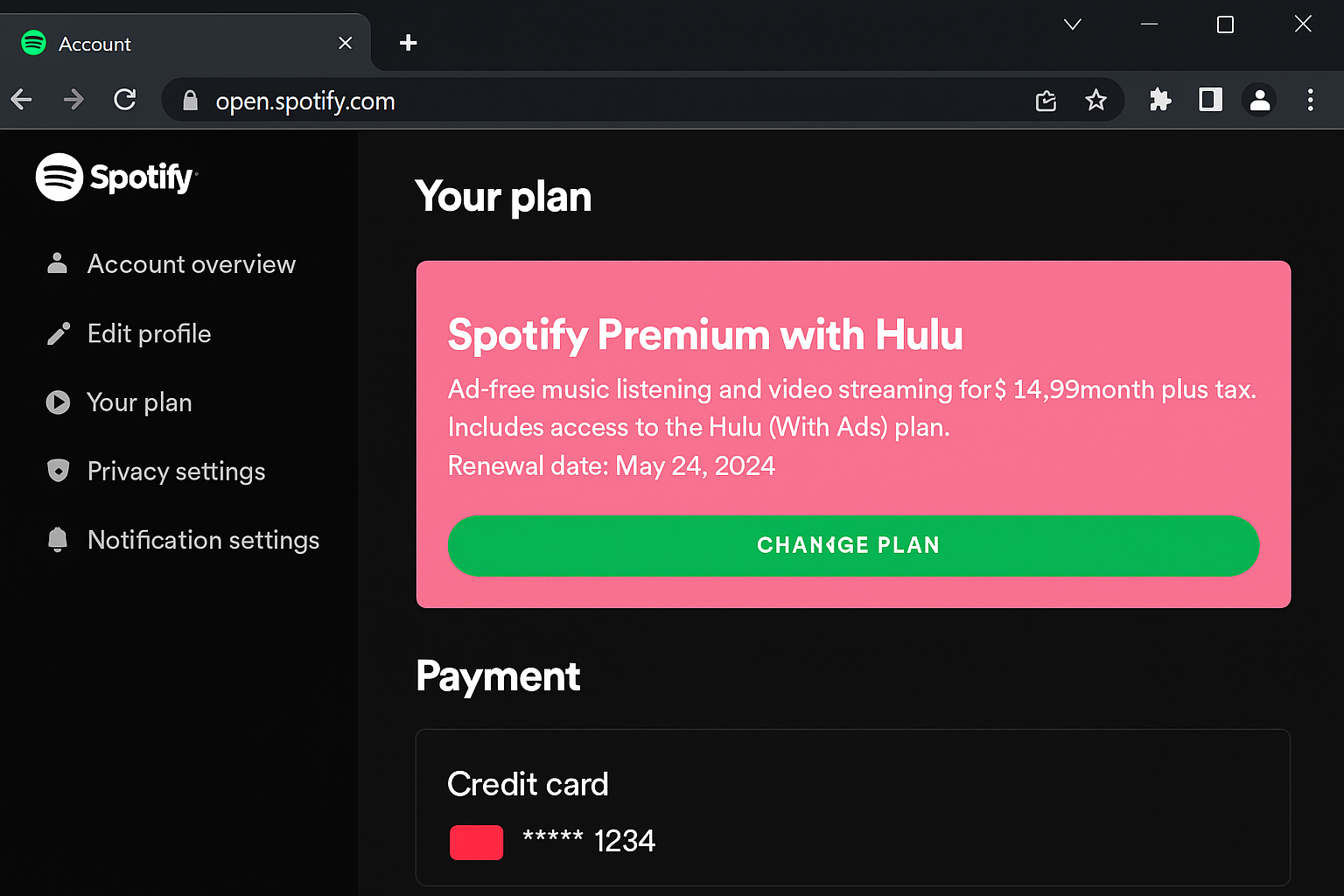 Spotify اکاؤنٹ کی ترتیبات کا صفحہ Hulu کنکشن کے اختیارات دکھا رہا ہے۔